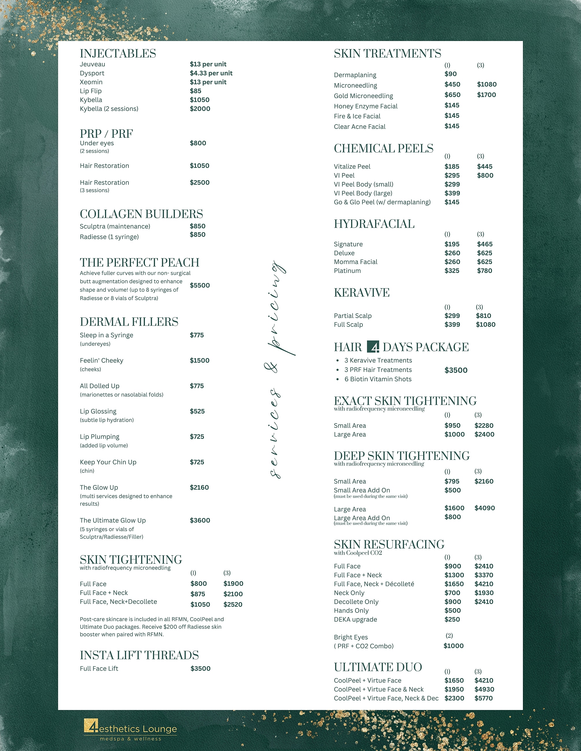 Aesthetic services and pricing menu.
