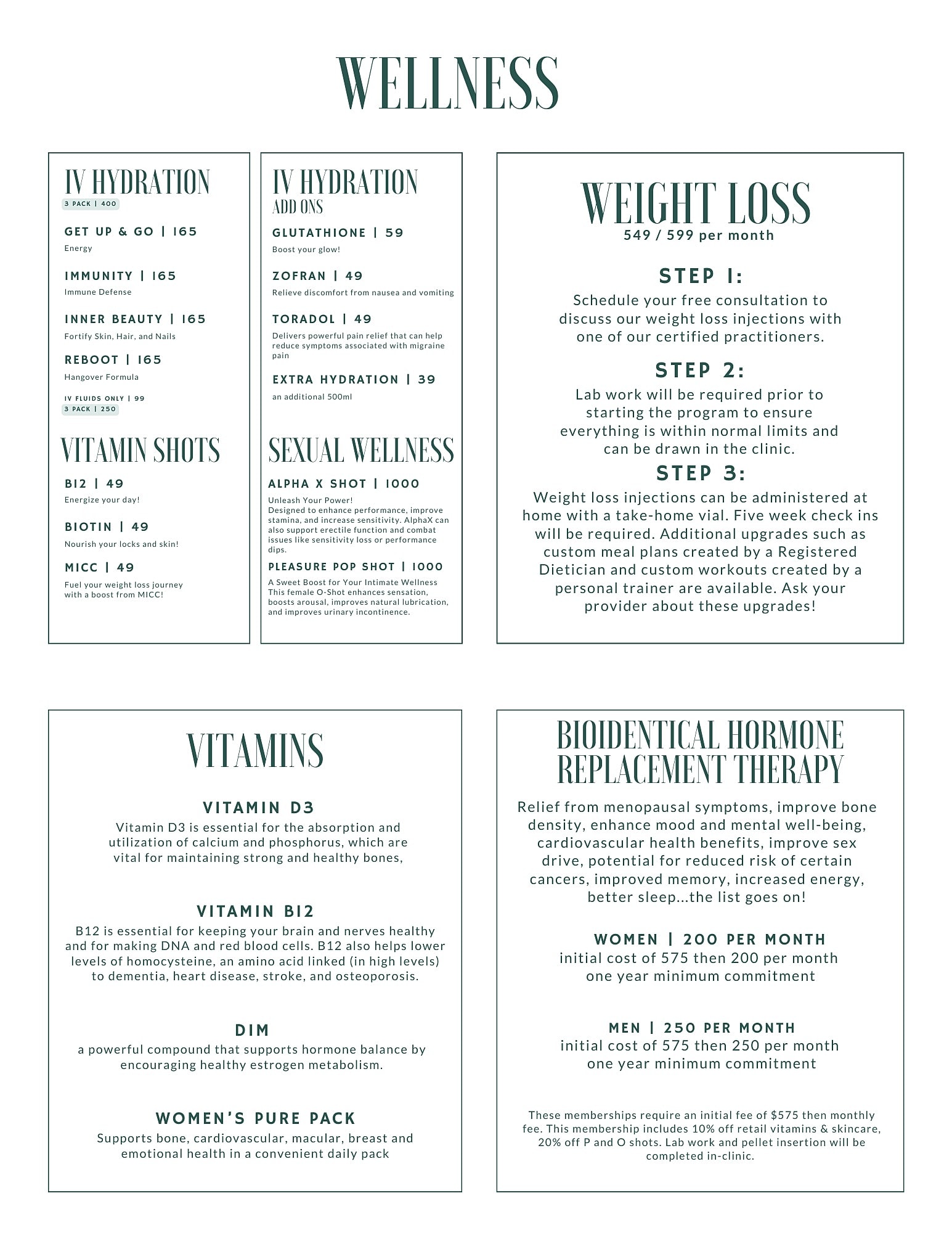 Wellness services menu featuring hydration, vitamins, and weight loss.