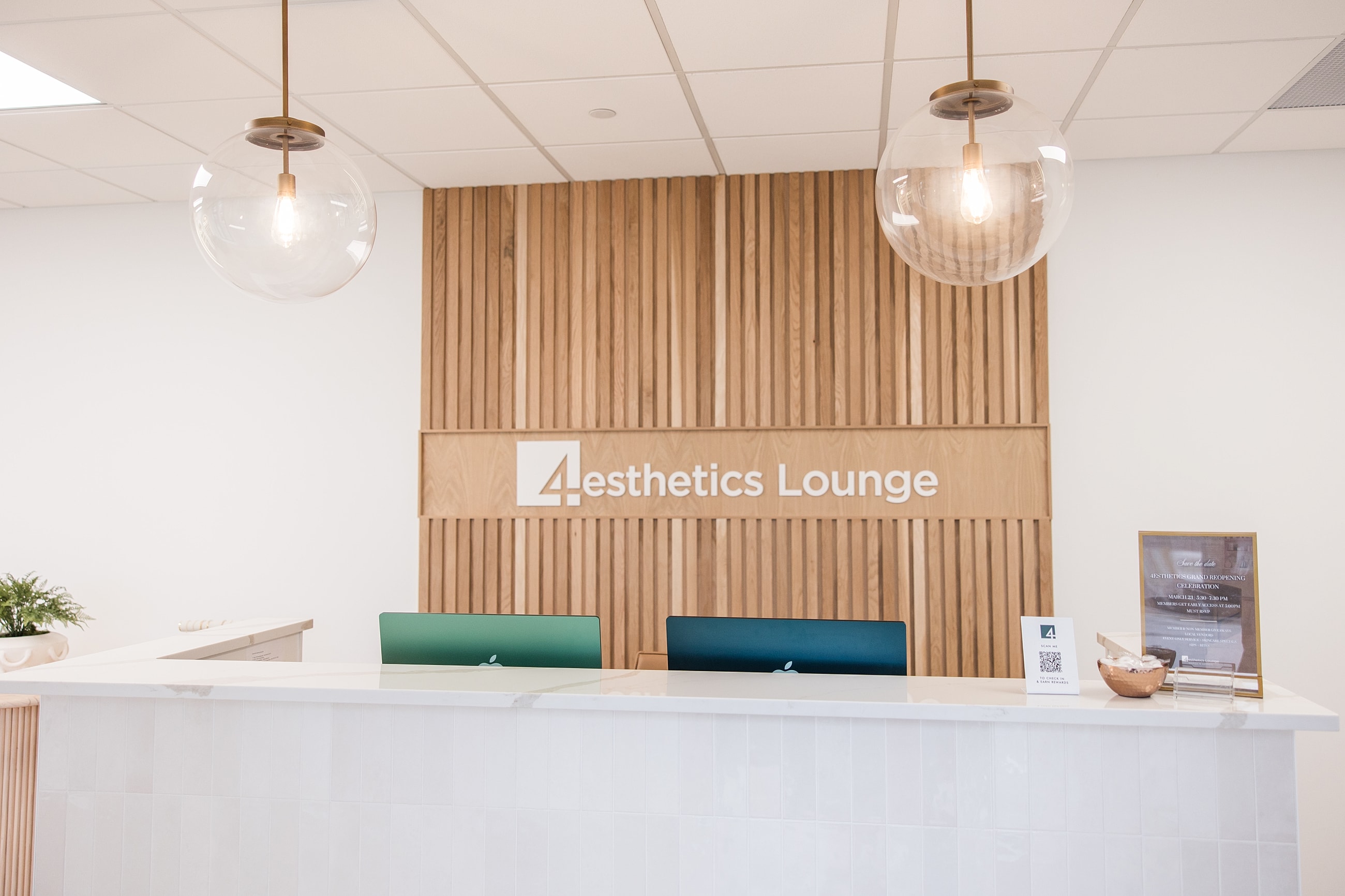 Aesthetic lounge reception area with modern decor.