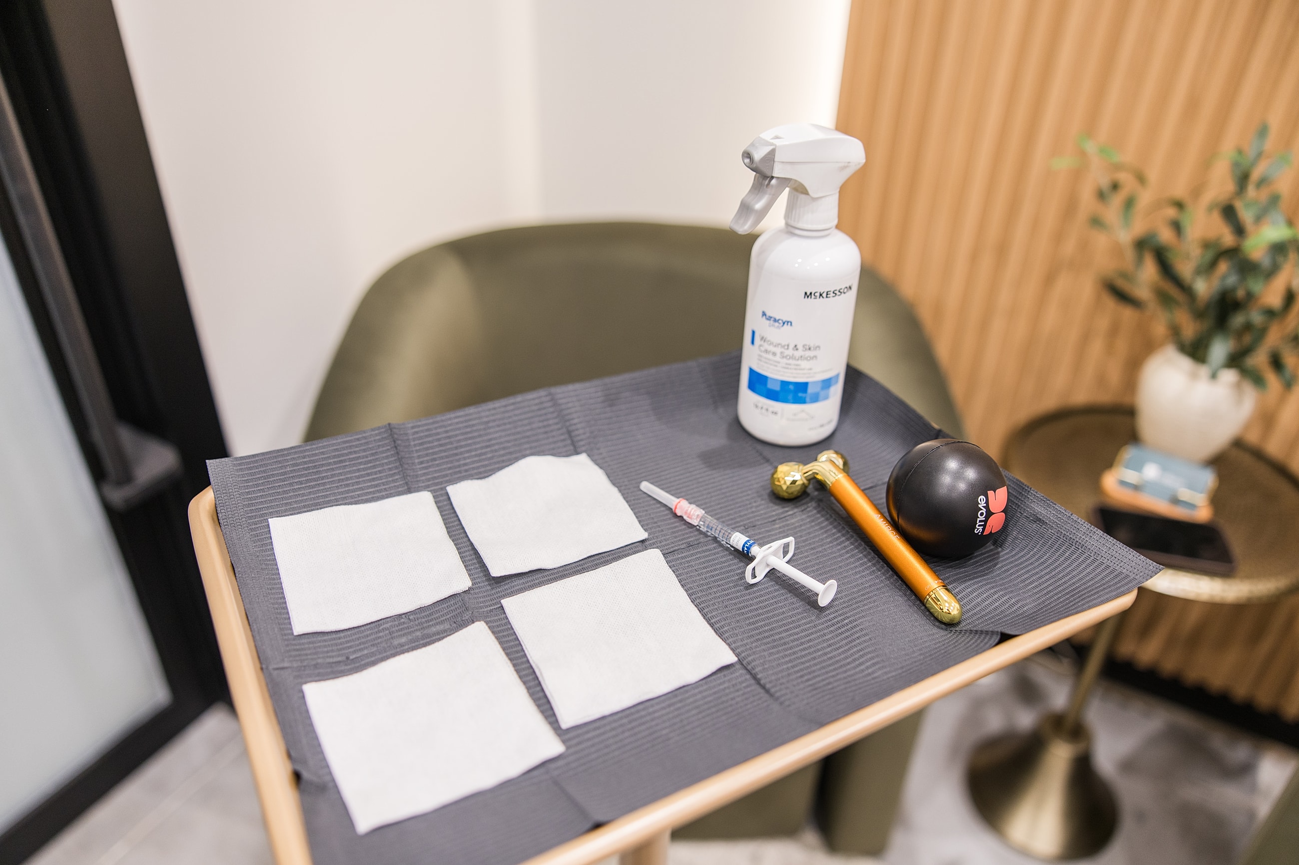 Medical supplies on a treatment table.